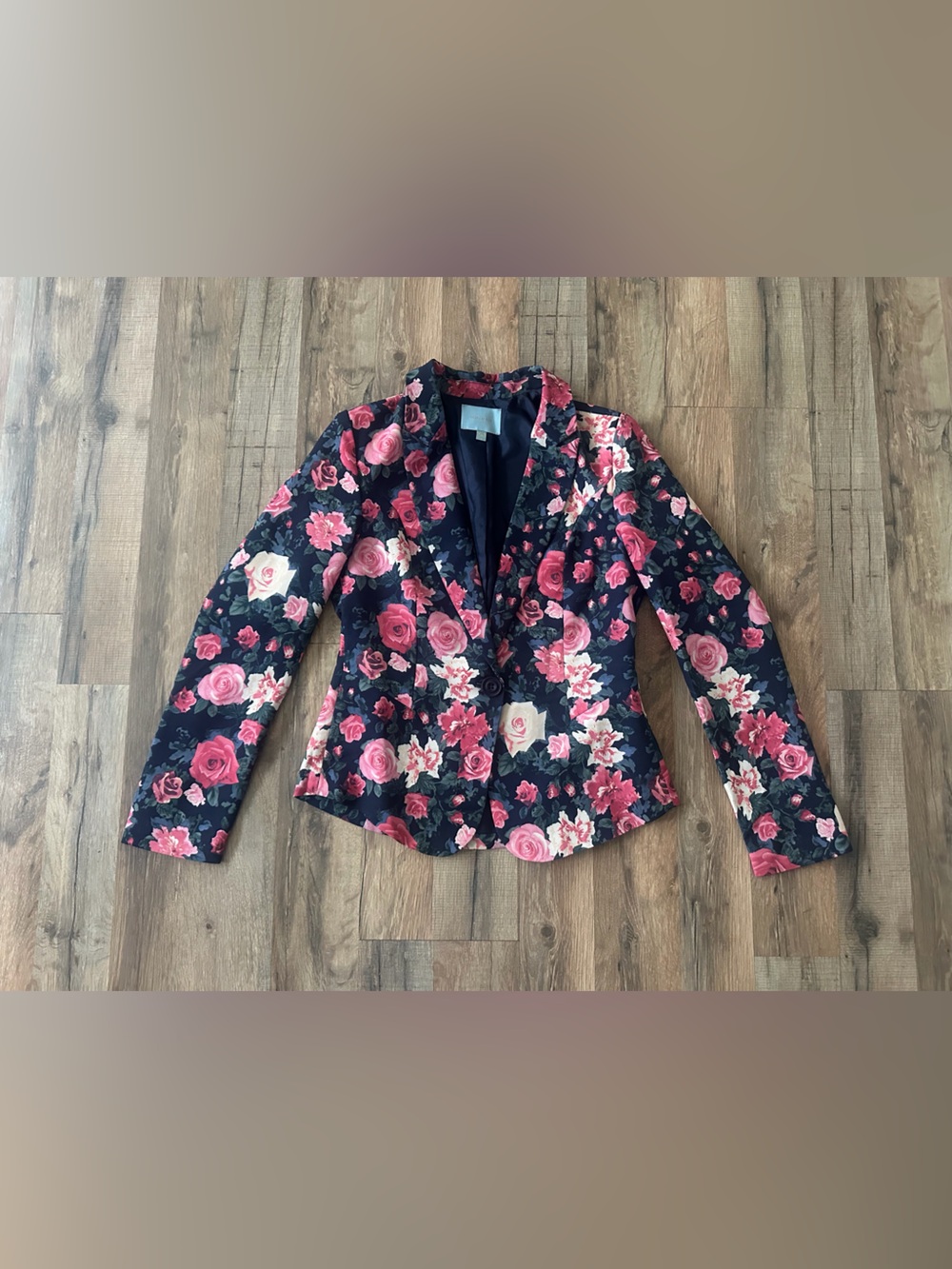Skies Are Blue Floral Blazer - Pink Rose Print on Navy